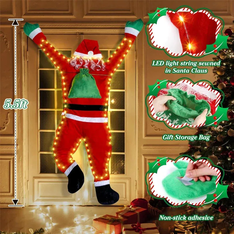 2024 Light Up Santa Claus Climbing Decoration With Hanging Gift Bag For Indoor/Outdoor Christmas Decor Warm White Light String