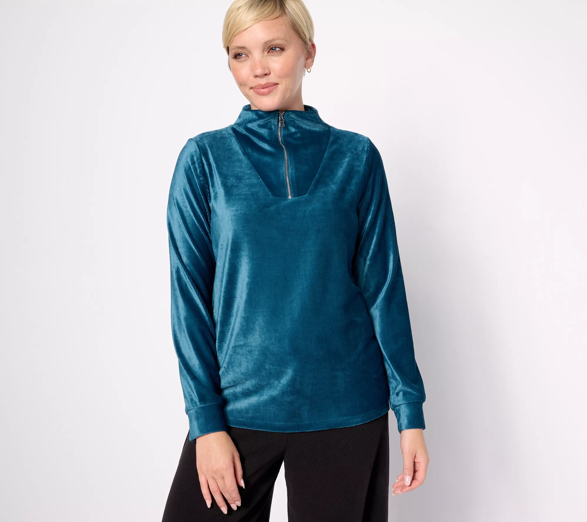 AnyBody Rib Velour Long Sleeve Funnel Neck Pullover