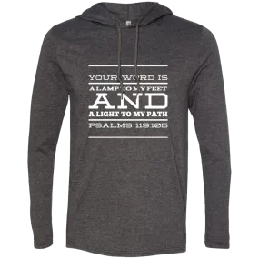 Bible Verse Men Long Sleeve T-Shirt Hoodie - Your Word Is Light To My Path ~Psalm 119:105~ Design 11 (White Font)