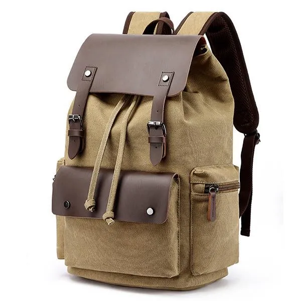 CASUAL FLAP LARGE CAPACITY LEATHER CANVAS BACKPACK