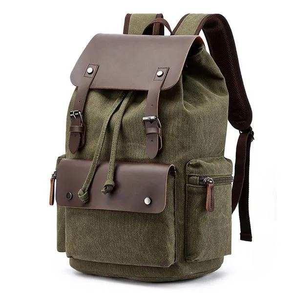 CASUAL FLAP LARGE CAPACITY LEATHER CANVAS BACKPACK