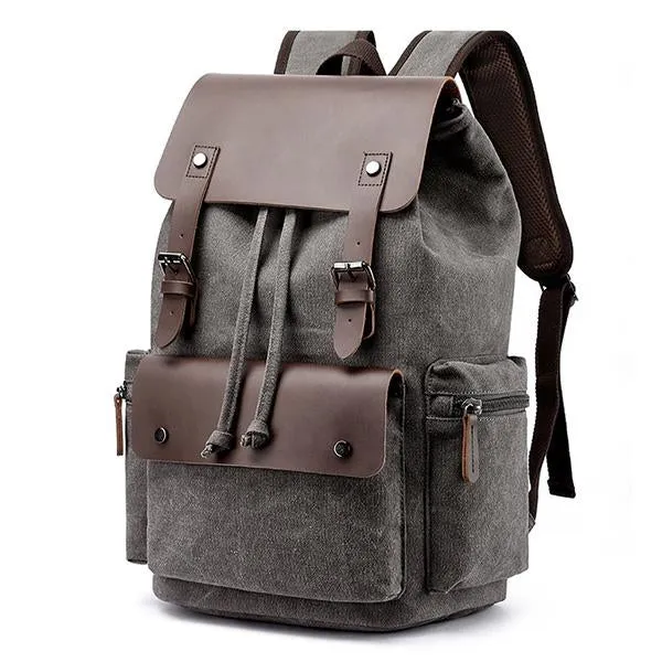 CASUAL FLAP LARGE CAPACITY LEATHER CANVAS BACKPACK