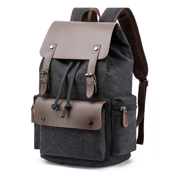 CASUAL FLAP LARGE CAPACITY LEATHER CANVAS BACKPACK