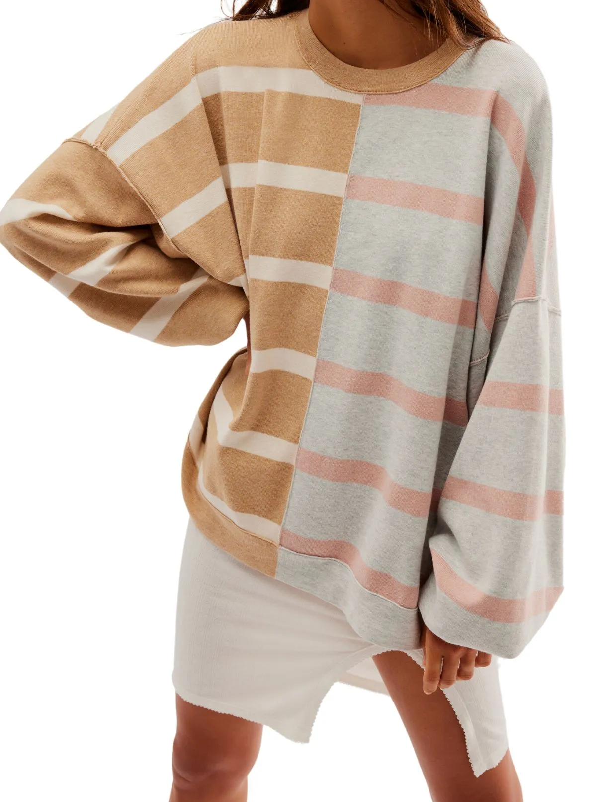 Free People Uptown Stripe Pullover in Camel/Gray Combo