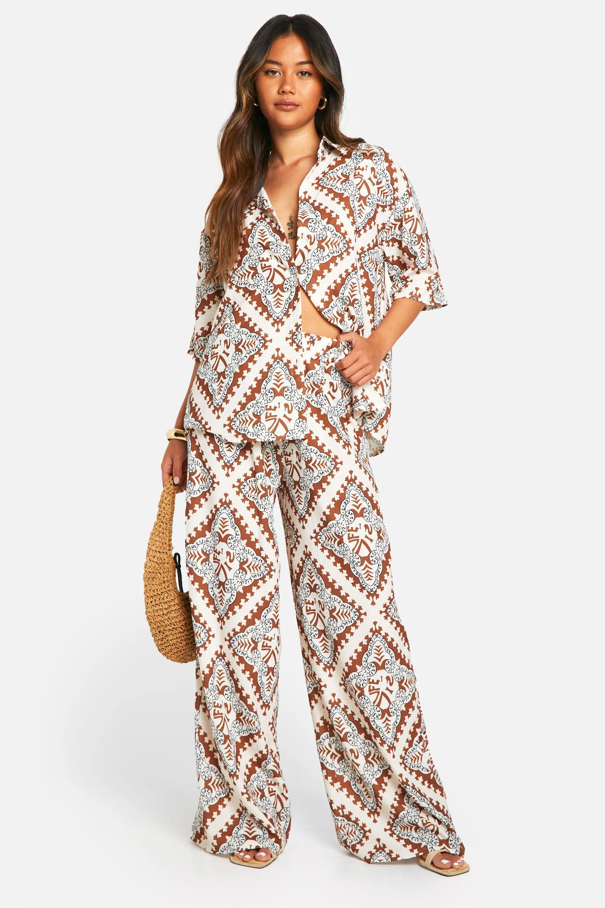 Hammered Scarf Print Oversized Shirt & Wide Leg Pants