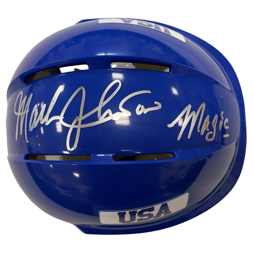 Mark Johnson Autographed Royal Blue Mini Helmet Magic (Standard Number)