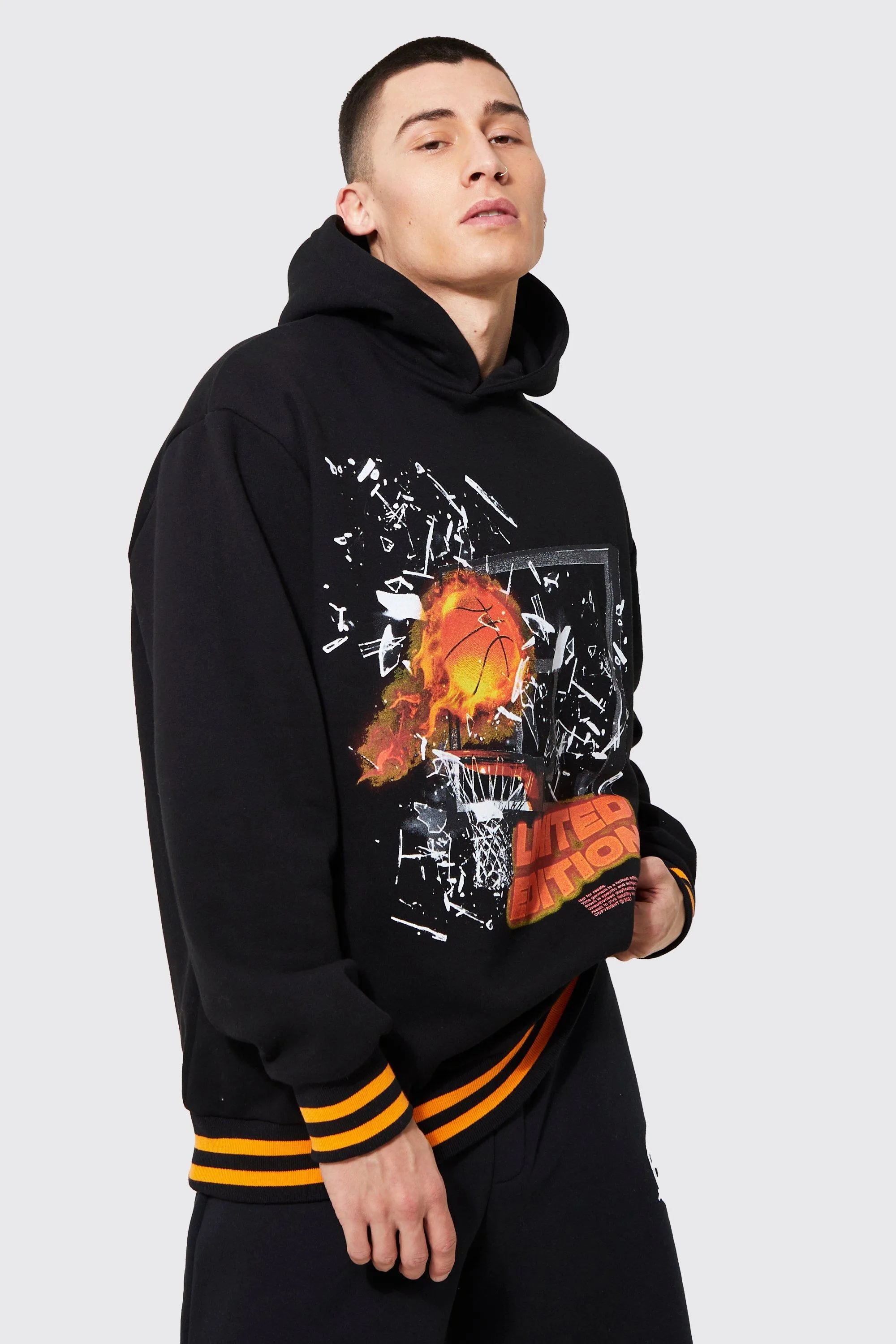 Oversized Basketball Graphic Sport Rib Hoodie | boohooMAN UK