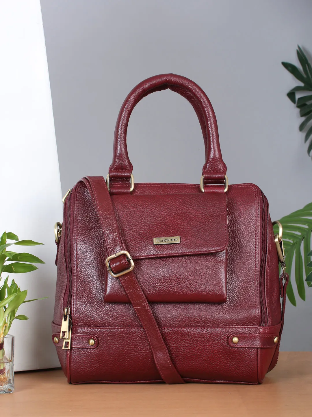 Women Leather Red Structured Handheld Bag