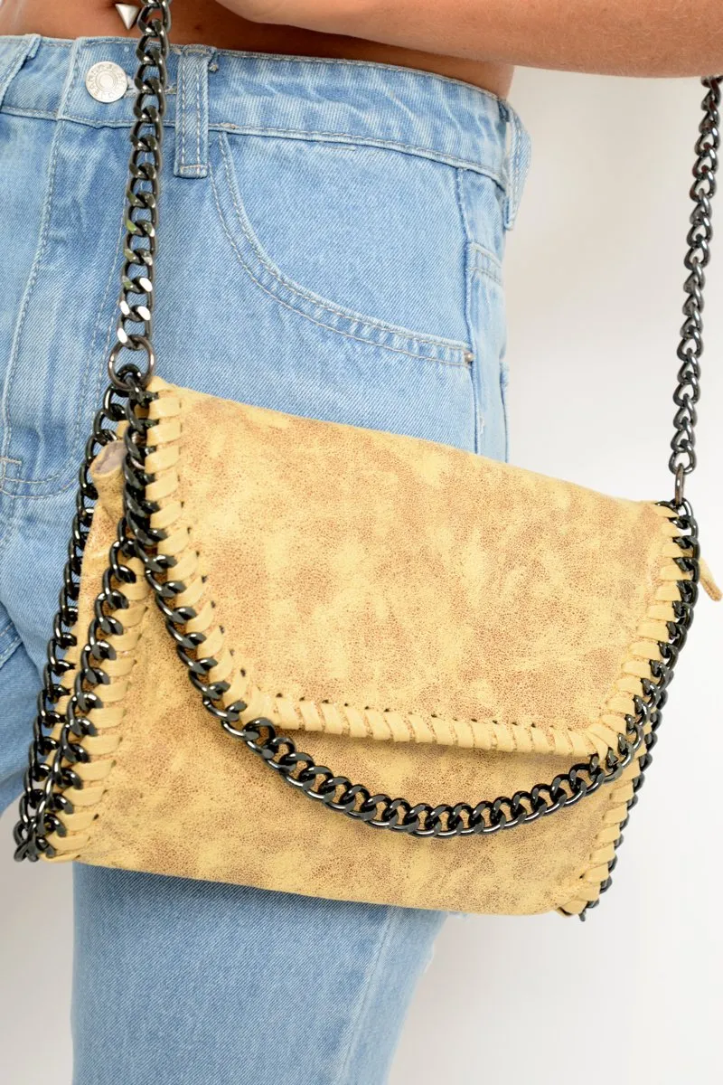 Yellow Faux Suede Chain Trim Cross Body Bag - Deina